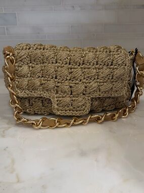 NEW! Maison Lurex Baby Pergola Sac Gold Crochet Shoulder Bag with Chain Strap